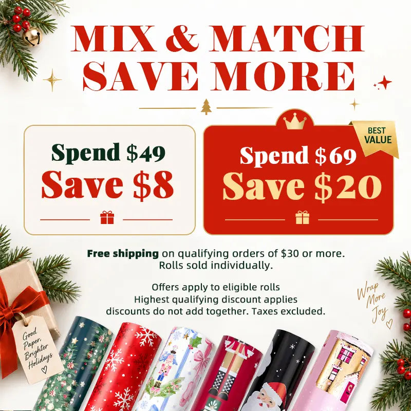 Reversible Christmas Wrapping Paper Roll with Snowflake & Reindeer Patterns