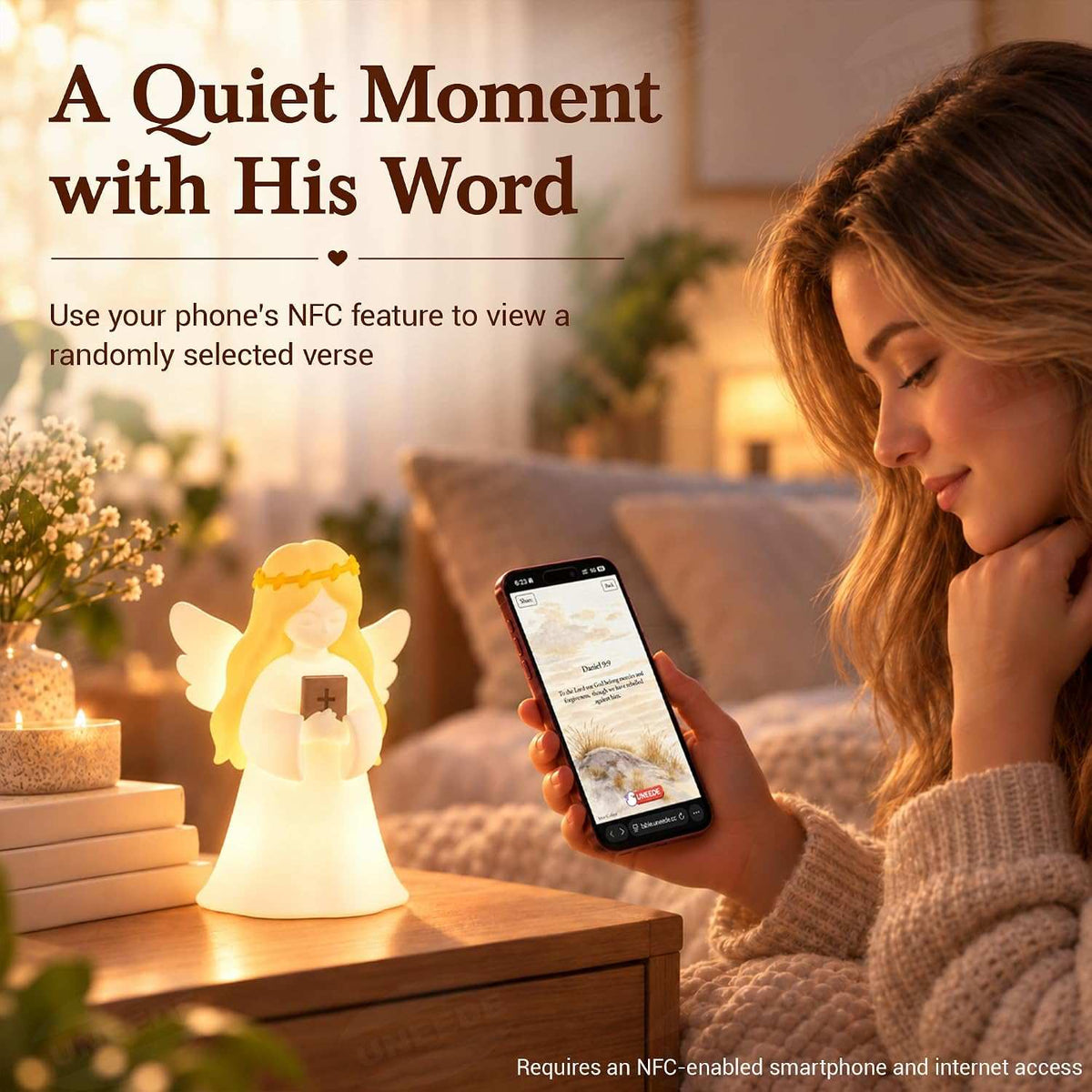 Angel Night Light with NFC Bible Verses, Bible-Holding Figurine