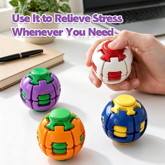 Colorful 3D-printed stress-fidget toy that can be pressed and spun