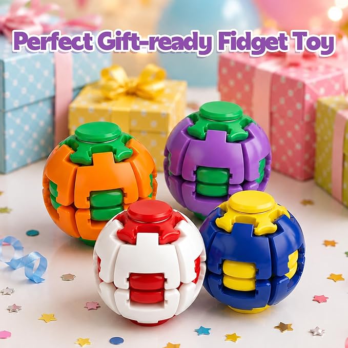 Colorful 3D-printed stress-fidget toy that can be pressed and spun