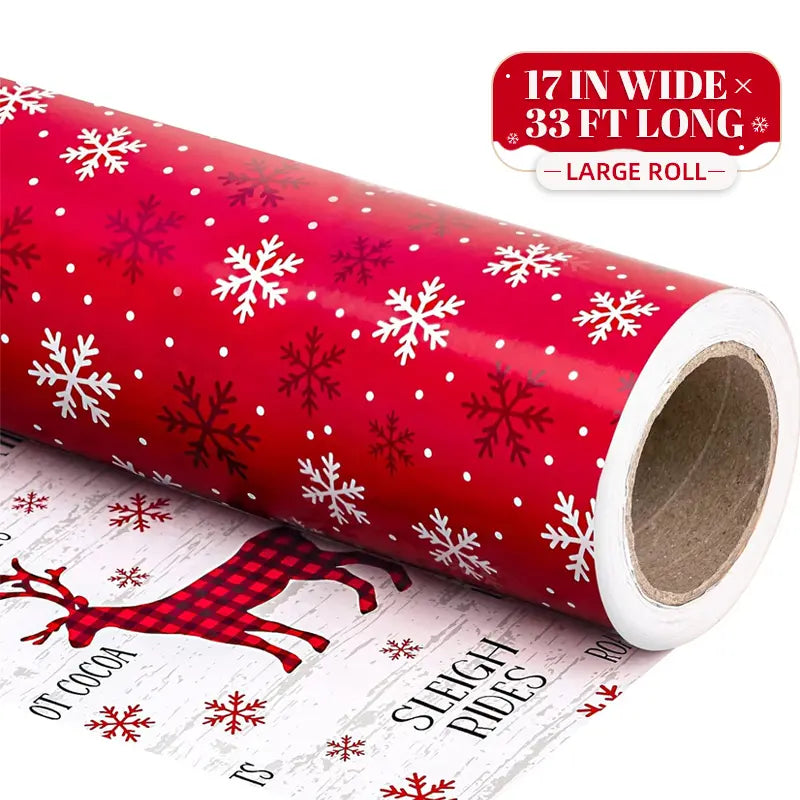Reversible Christmas Wrapping Paper Roll with Snowflake & Reindeer Patterns
