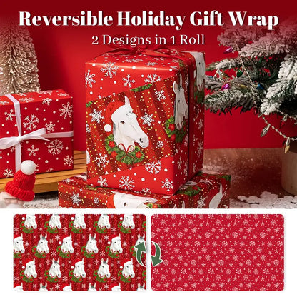 Reversible Christmas Wrapping Paper Roll with Snowflake & Reindeer Patterns