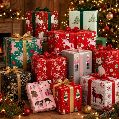Reversible Christmas Wrapping Paper Roll with Snowflake & Reindeer Patterns